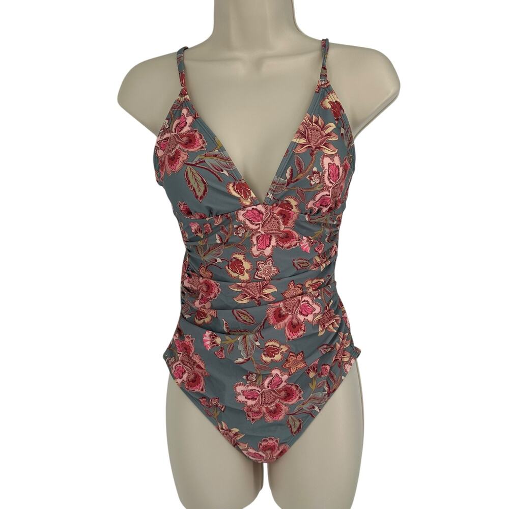 NEW Cupshe Gray Floral Paisley V-Neck Ruched One Piece Swimsuit Small